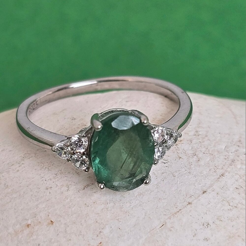 Natural Green Copper Tourmaline &CZ 925 Sterling Silver Ring Sz 775